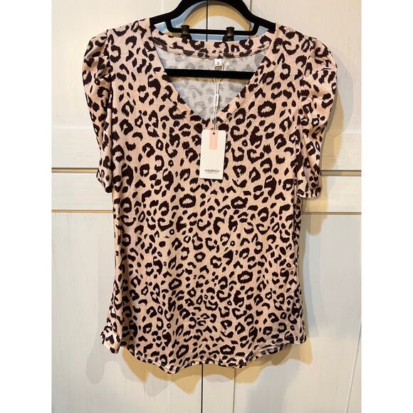 NWT XIEERDUO Animal Print V-Neck Puffed Sleeve Top Tan Black Blouse Size Small - Picture 2 of 5